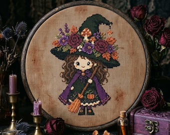 Witch Girl Cross Stitch Pattern: Floral Hat Pumpkin  Kawaii Autumn Halloween Embroidery PDF