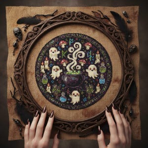 May include: A cross-stitch design featuring a Halloween theme. The circular design includes ghosts, mushrooms, candles, and a bubbling cauldron. The design is set in a dark background and framed in a dark wooden hoop.