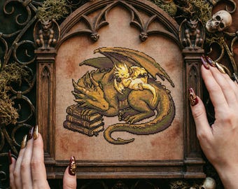 Book Lover Dragon Family Cross Stitch Pattern: Tea Set, Sleeping Mother & Baby Embroidery PDF