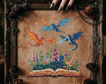 Elemental Dragons Cross Stitch: Fantasy Dragons Flying Over Enchanted Book Embroidery PDF