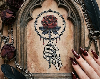 Gothic Valentine Cross Stitch: Skeleton Hand Holding Rose in Thorn Hoop Embroidery (PDF)