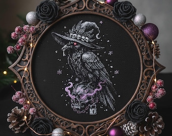 Gothic Raven Cross Stitch Pattern: Witch Hat Crow with Glowing Skull Embroidery PDF