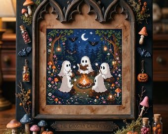 幽霊の焚き火クロスステッチパターン：ハロウィンの森の月とコウモリの焚き火刺繍（PDF）