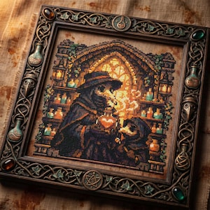 May include: Cross-stitch artwork in a decorative wooden frame. The image depicts a figure in a plague doctor mask and robe, holding a heart-shaped vial. The background features shelves of potion bottles and a stained-glass window, with a warm color palette.