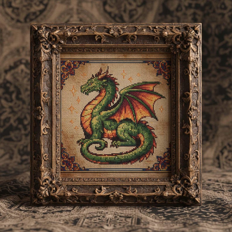 Green Fire Dragon Cross Stitch Pattern: Medieval Fantasy Dragon ...