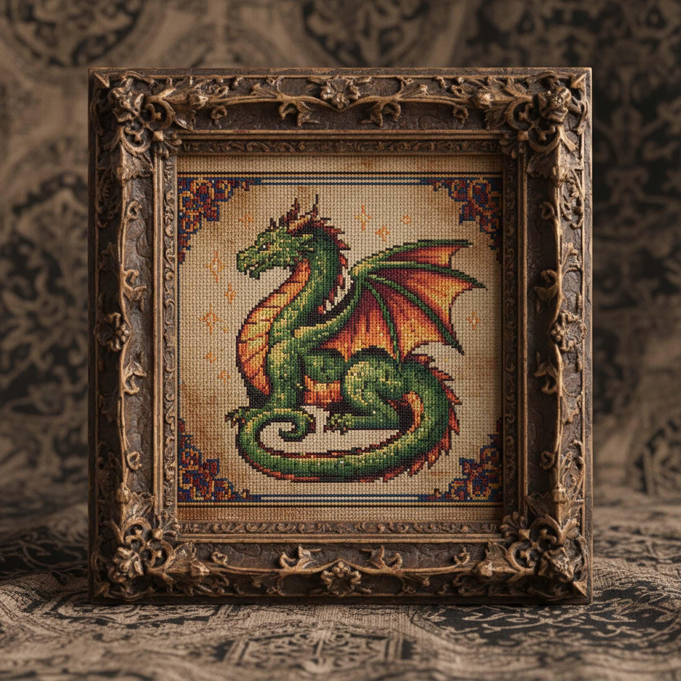 Green Fire Dragon Cross Stitch Pattern: Medieval Fantasy Dragon ...
