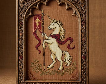 Patrón de punto de cruz de unicornio heráldico: Bordado de estandarte de fantasía medieval en PDF