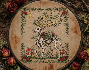 Dark Nature Cross Stitch: Skeletal Stag with Flowers and Antlers, Gothic Woodland Embroidery PDF