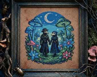 Patrón de punto de cruz "Amantes del gótico": Máscaras de la peste, luna creciente y bordado de bosque azul (PDF)