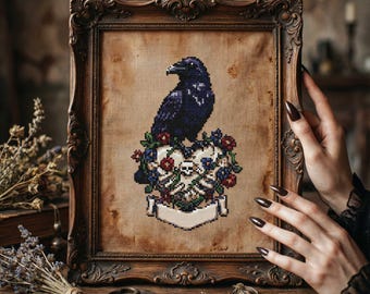 Valentine Cross Stitch Pattern: Witchy Raven with Skull Heart Floral Embroidery (PDF)