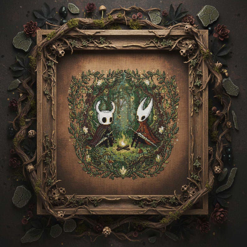 This atmospheric pattern features two masked warriors resting at a glowing campfire deep in an enchanted forest. Tall trees fade into shadowy green tones, while fireflies sparkle in the background, creating a magical night-time ambience. The characters hold their swords as they sit across from one another, illuminated by warm golden light. A detailed gothic leaf border surrounds the entire composition, merging nature and fantasy aesthetics. Ideal for fans of dark adventure art, woodland themes
