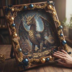 Könnte beinhalten: Ein gerahmter Wandteppich mit einer detaillierten Drachendarstellung in Braun-, Gold- und Blautönen. Der Holzrahmen ist mit goldenem Lametta, blauen und goldenen Kugeln und blauen Schleifen verziert. Das Kunstwerk wird auf einer Holzoberfläche präsentiert.