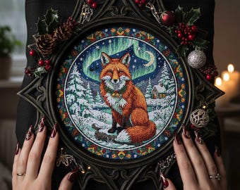 Christmas Fox Cross Stitch Pattern: Winter Forest Fox with Aurora Borealis Embroidery PDF