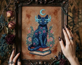 Celestial Magic Cat Cross Stitch Pattern: Moonlit Runes & Fantasy Books Embroidery PDF