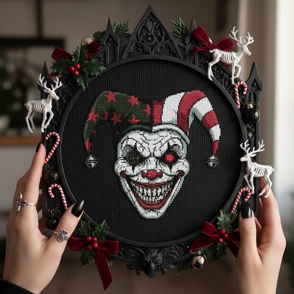 Creepy Jester Clown Cross Stitch Pattern: Sinister Carnival Mask Horror Embroidery PDF