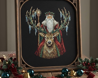 Forest King Santa Cross Stitch Pattern: Winter Stag Spirit Christmas Embroidery PDF