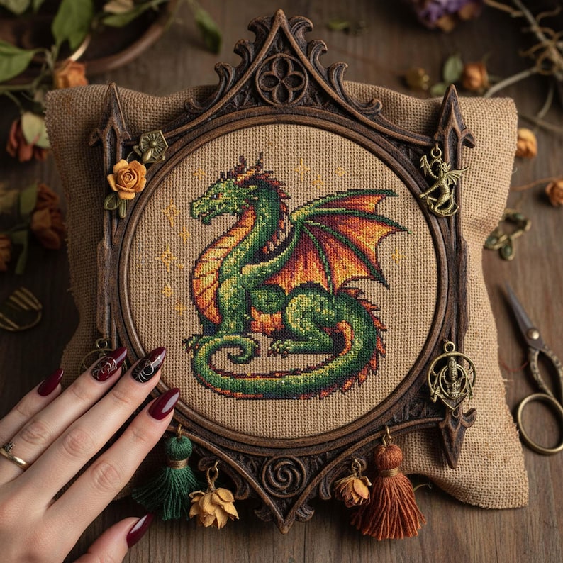 Green Fire Dragon Cross Stitch Pattern: Medieval Fantasy Dragon ...