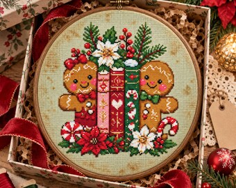 Gingerbread Books Cross Stitch Pattern: Holiday Book Lover Stitching Poinsettia Embroidery PDF