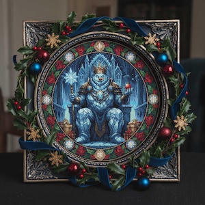 May include: A framed cross-stitch artwork featuring a snowman king on a throne, holding a staff and an apple. The artwork is surrounded by a wreath of holly, red berries, and blue ornaments. Gold snowflakes and a blue ribbon complete the festive design.