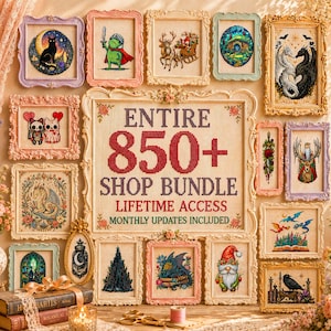 Pode incluir: Um grande letreiro central com o texto ENTIRE 850+ SHOP BUNDLE LIFETIME ACCESS MONTHLY UPDATES INCLUDED, rodeado por numerosos padrões de ponto cruz emoldurados com diversos temas como dragões, gatos, gnomos e motivos festivos.