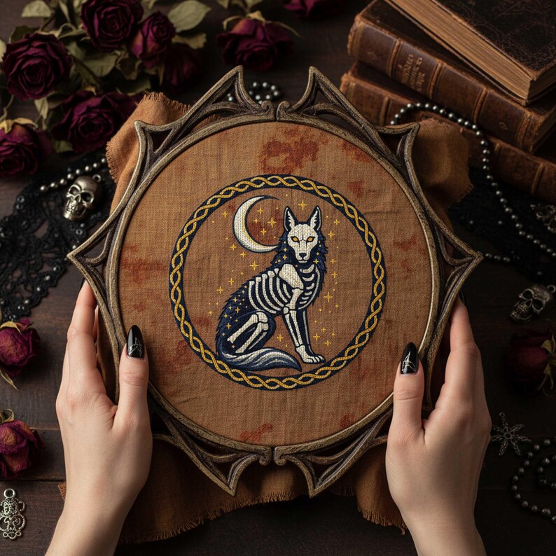 This gothic cross-stitch pattern features a skeletal fox seated beneath a glowing crescent moon, surrounded by a decorative Celtic-style ring and shimmering stars. The fox’s elegant bone structure is rendered in soft ivory and pale gray tones, contrasted against a deep blue night sky dotted with golden starlight. The circular framing gives the design a symbolic, talisman-like presence, making it perfect for gothic décor, fantasy art collections, and celestial-themed embroidery displays.