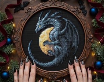 Moon Dragon Cross Stitch Pattern: Crescent Glow & Curled Fantasy Creature Embroidery PDF