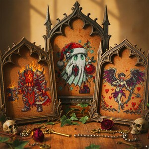 A dramatic gothic fantasy cross stitch bundle mockup showcasing an entire embroidery shop collection in one powerful visual. Displayed on a deep, moody background, the center text reads “515+ Entire Shop Cross Stitch Bundle – Lifetime Access,” highlighting the scale and value of this digital collection. Surrounding embroidery hoops feature gothic dragons, witchy symbols, moonlit castles, enchanted florals, dark fantasy creatures, and mystical designs. This image represents printable PDF cross