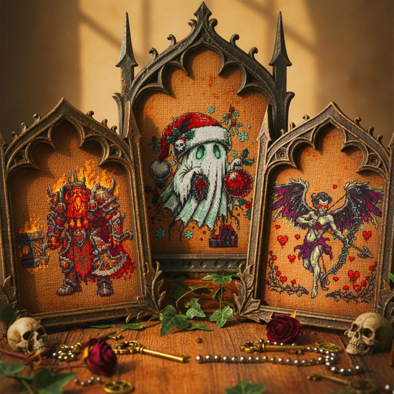 A dramatic gothic fantasy cross stitch bundle mockup showcasing an entire embroidery shop collection in one powerful visual. Displayed on a deep, moody background, the center text reads “515+ Entire Shop Cross Stitch Bundle – Lifetime Access,” highlighting the scale and value of this digital collection. Surrounding embroidery hoops feature gothic dragons, witchy symbols, moonlit castles, enchanted florals, dark fantasy creatures, and mystical designs. This image represents printable PDF cross