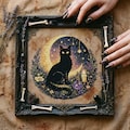 Mystical Black Cat Cross Stitch Pattern: Crescent Moon, Candlelight & Witchy Night Embroidery (PDF)