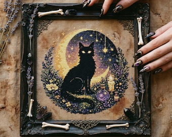 Mystical Black Cat Cross Stitch Pattern: Crescent Moon, Candlelight & Witchy Night Embroidery (PDF)