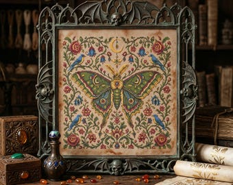 Cottagecore Floral Butterfly with Bluebirds Cross Stitch Pattern: Luna Moth Embroidery PDF