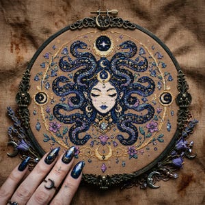 This celestial Medusa cross stitch pattern features a mystical serpent goddess surrounded by flowing cosmic snakes, golden moon symbols, celestial ornaments, and delicate floral accents. Inspired by mythology and dark fantasy aesthetics, the design transforms Medusa into a peaceful moonlit queen filled with elegance and magical energy. Deep navy blue tones blend with soft lavender, dusty pink, and gold celestial details to create an enchanting embroidery composition perfect for gothic home décor