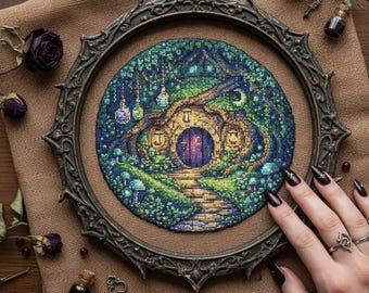 Patrón de punto de cruz de la Casa del Hobbit del Bosque: Cabaña mágica de hadas con bordado redondo en PDF