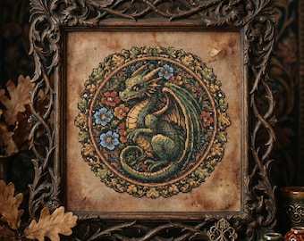 May include: Cross-stitch artwork of a green dragon with blue and red flowers, framed in a dark brown, ornate wooden frame. The dragon is centered in a circular design. The artwork has a vintage, fantasy theme.