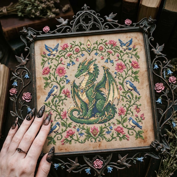 Green Dragon Cross Stitch Pattern: Botanical Fantasy Dragon and Rose Garden Embroidery PDF