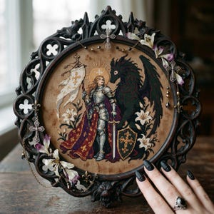 May include: A circular cross-stitch embroidery featuring a figure in silver armor holding a white banner and sword, standing beside a black winged creature. The piece is framed in an ornate dark wood frame adorned with metal crosses and dried flowers.