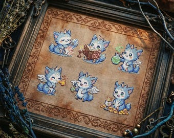 Fantasy Baby Dragon Cross Stitch Pattern Set: Mystic Dragons Reading Embroidery (PDF)