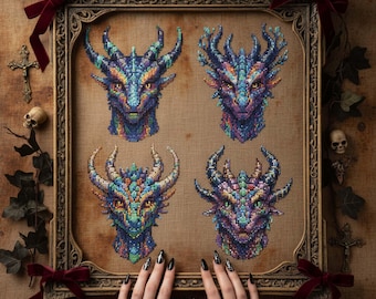 Fantasy Dragon Head Cross Stitch Pattern Set: Elemental Dragon Portraits Embroidery (PDF)