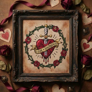 May include: Cross-stitch artwork in a dark ornate frame. The design features a heart pierced by a sword, surrounded by a thorny wreath and roses. A banner reads "Love + Sacrifice". The color palette includes red, green, and gold.