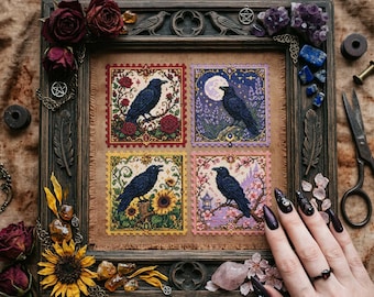 Raven Stamp Cross Stitch Pattern Set: Gothic Crow, Roses, Lavender and Sunflower Embroidery PDF