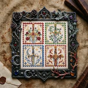 May include: A framed cross-stitch artwork featuring four square panels, each showcasing a sword design with floral and celestial accents. The frame is dark gray with decorative roses, thistles, and gemstones. The artwork is displayed on a textured, neutral-toned background.