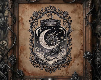 Patrón de punto de cruz de Dragón Celestial en un frasco: Bordado estilo Tarot Mágico de Luna Oscura (PDF)