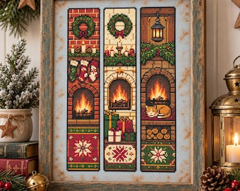Christmas Fireplace Bookmark Cross Stitch Pattern: Cozy Holiday Fireplace Winter Embroidery PDF