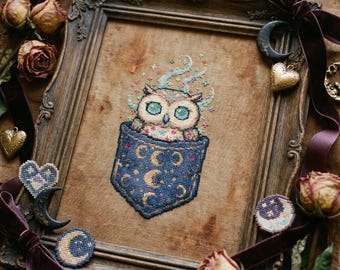 Mystical Pocket Owl Cross Stitch Pattern: Celestial Owl with Moon & Sparkles Embroidery PDF