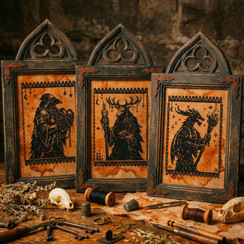 A captivating fantasy-inspired cross stitch bundle image presenting a complete embroidery pattern shop in a single layout. The design highlights “515+ Entire Shop Cross Stitch Bundle – Lifetime Access” at the center, surrounded by colorful embroidery hoops filled with witchy, gothic, and fantasy cross stitch designs. Visible patterns include dragons, spellcasting witches, celestial moons, gothic architecture, enchanted forests, and magical motifs. This image showcases a premium digital PDF
