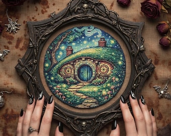 Magical Hobbit House Cross Stitch Pattern: Glowing Fairy Cottage Night Fantasy Embroidery PDF