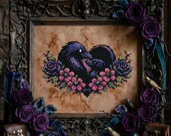 Patrón de punto de cruz de la familia de cuervos: Bordado en PDF de madre e hijo con flores oscuras y cuervos.