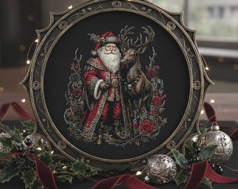 Patrón de punto de cruz de Papá Noel Oscuro y Renos Encantados: Bordado de Bosque de Rosas Navideño Gótico (PDF)