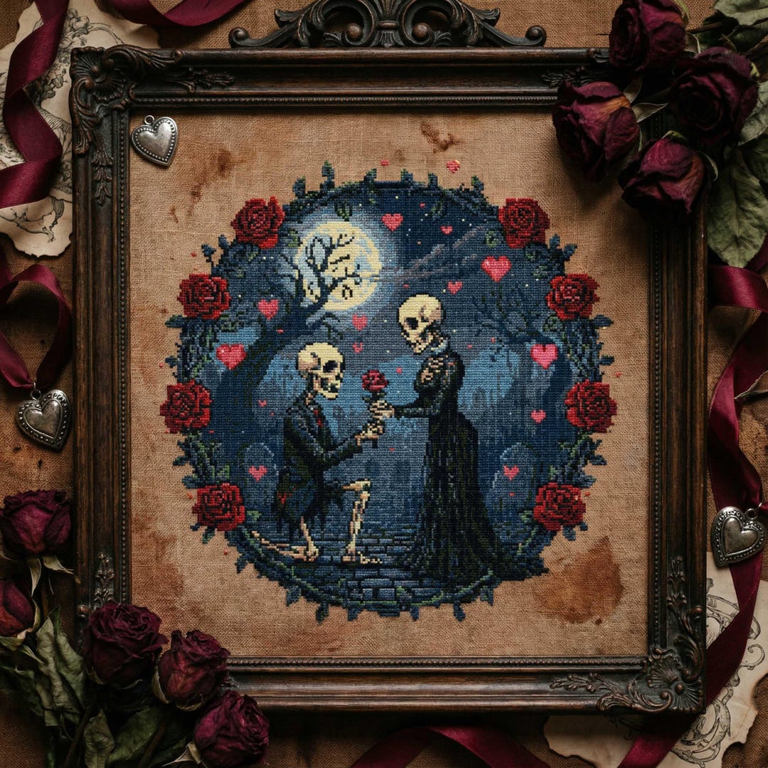 Macabre Valentine Cross Stitch Pattern: Skeleton Proposal Under Moon ...