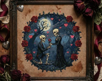 Macabre Valentine Cross Stitch Pattern: Skeleton Proposal Under Moon with Rose Frame Embroidery PDF